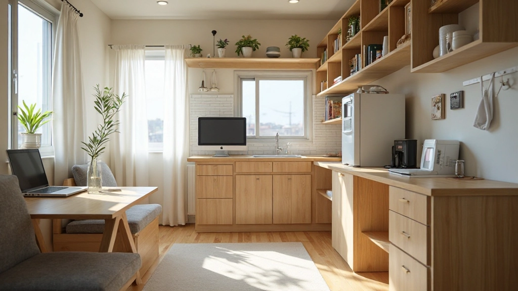 コンパクトなスタジオアパートメントに多機能家具とストレージソリューションが配置