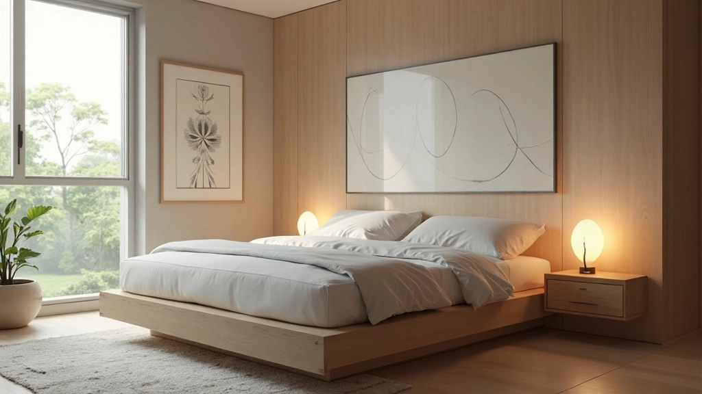 スタイリッシュな日本の寝室にモダンなベッドフレームと照明デザインが特徴