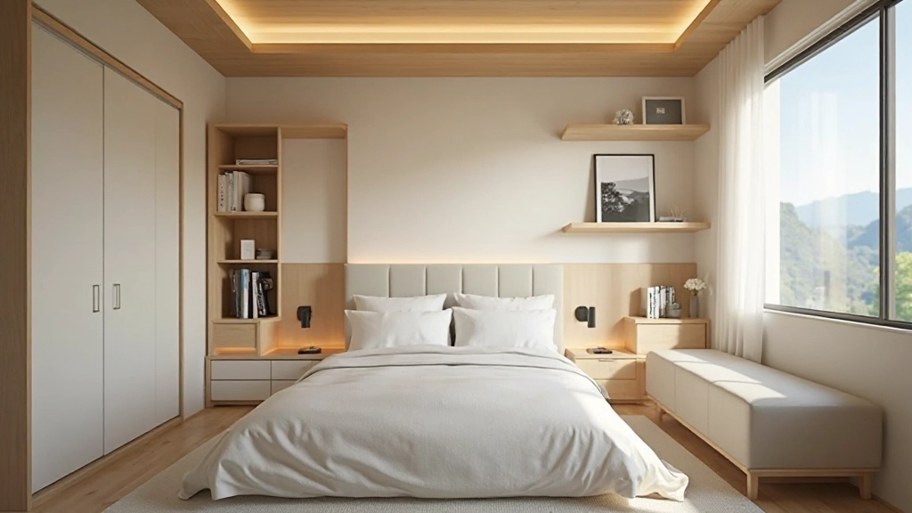 現代的なミニマリスト和室にスマート収納ソリューションが統合されている