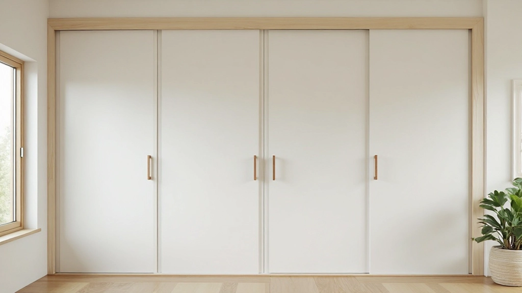 壁に埋め込まれた引き戸式クローゼット、白い壁、木製の手すり、シンプルで機能的な収納ソリューション