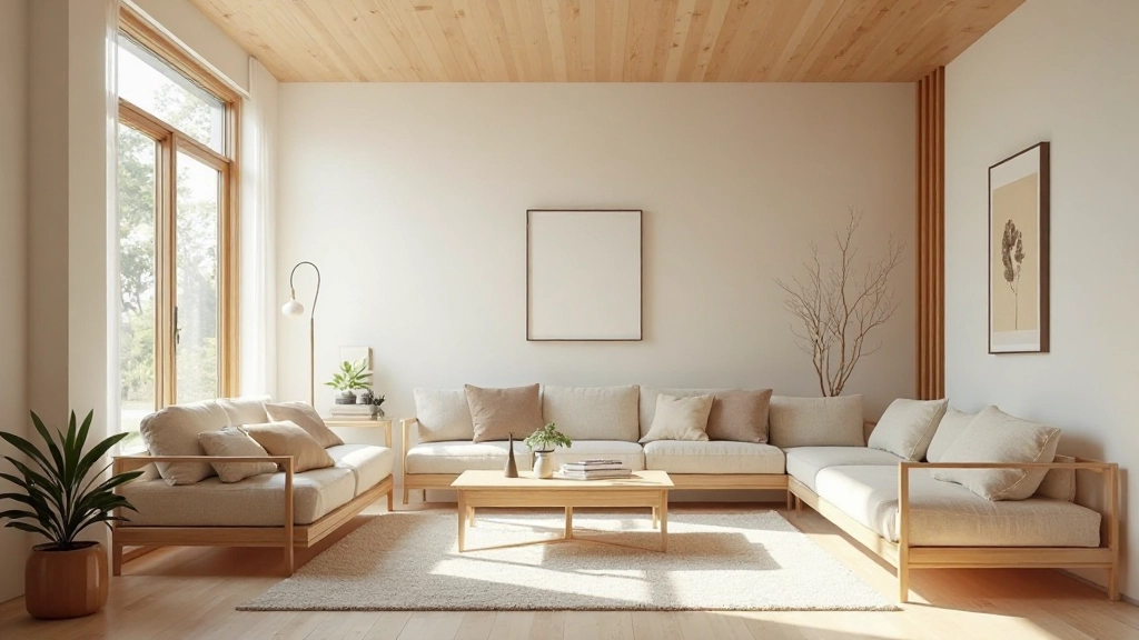 木製の質感が目立つ現代的な日本の居間、自然な素材で作られた家具、珪藻土の壁、自然光が入る広い窓、ミニマリストの美学