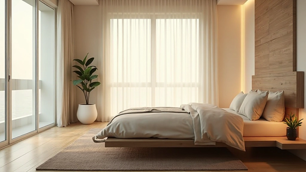 穏やかな照明と植物が配置された瞑想的な寝室環境の実例写真