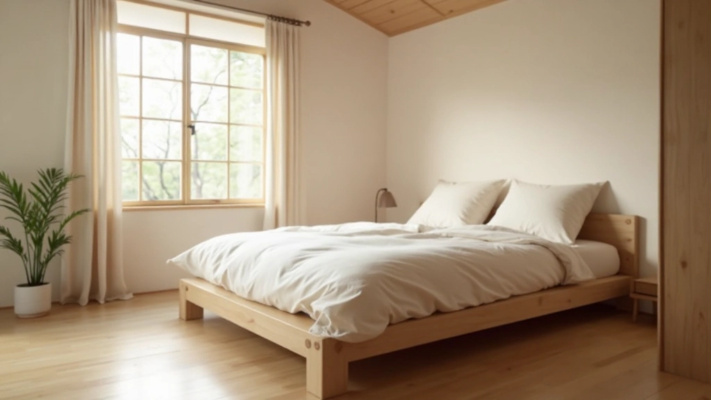 日本式のシンプルな寝室に木製の低いベッドフレーム、麻のリネン、最小限の装飾が配置されている、禅の美学を体現した空間