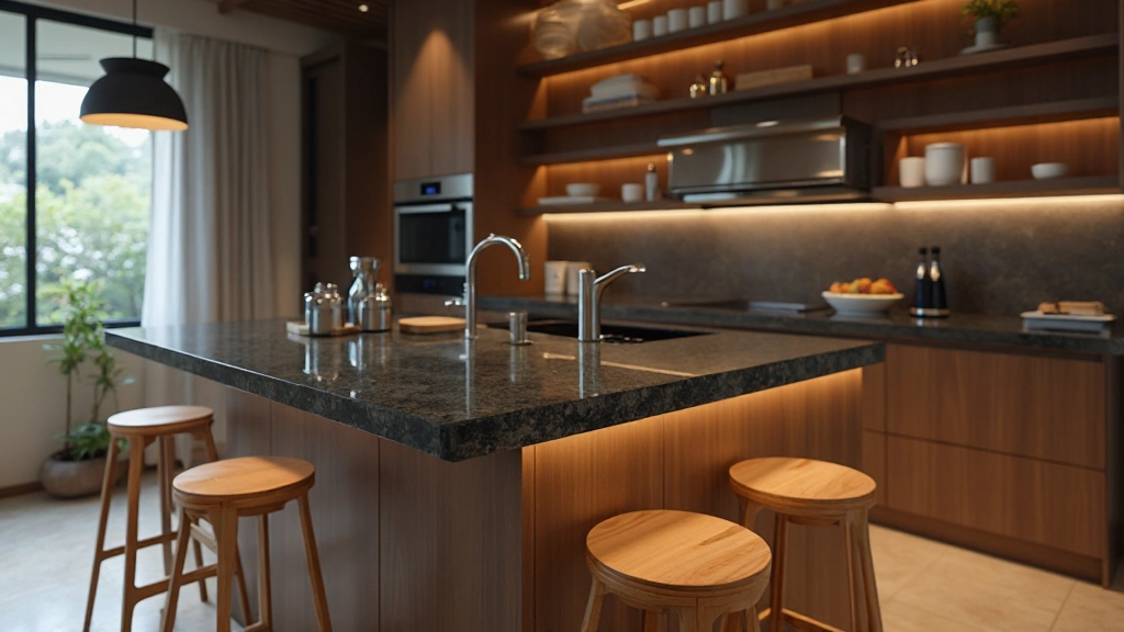 モダンなアイランドキッチンで、黒いカウンタートップと木製のバースツールが配置されている
