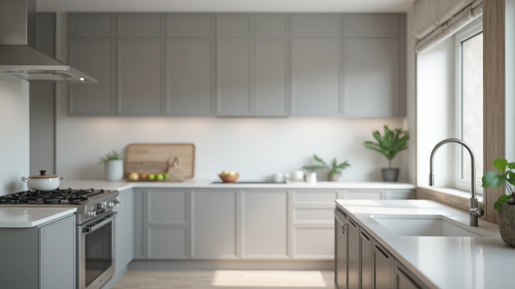 グレーのキャビネットと白い壁が特徴的なニュートラルトーンのモダンキッチン