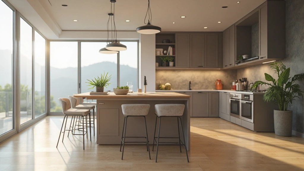 オープンプランキッチンでアイランドカウンターが機能的にダイニングエリアを分離している