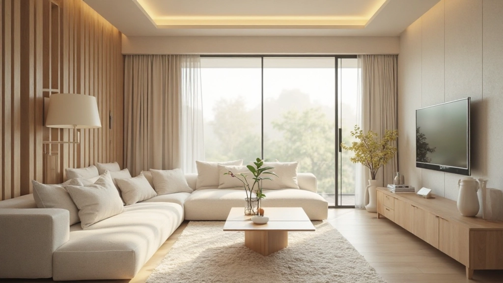 ベージュと白のニュートラルカラーで装飾されたモダンリビングルーム
