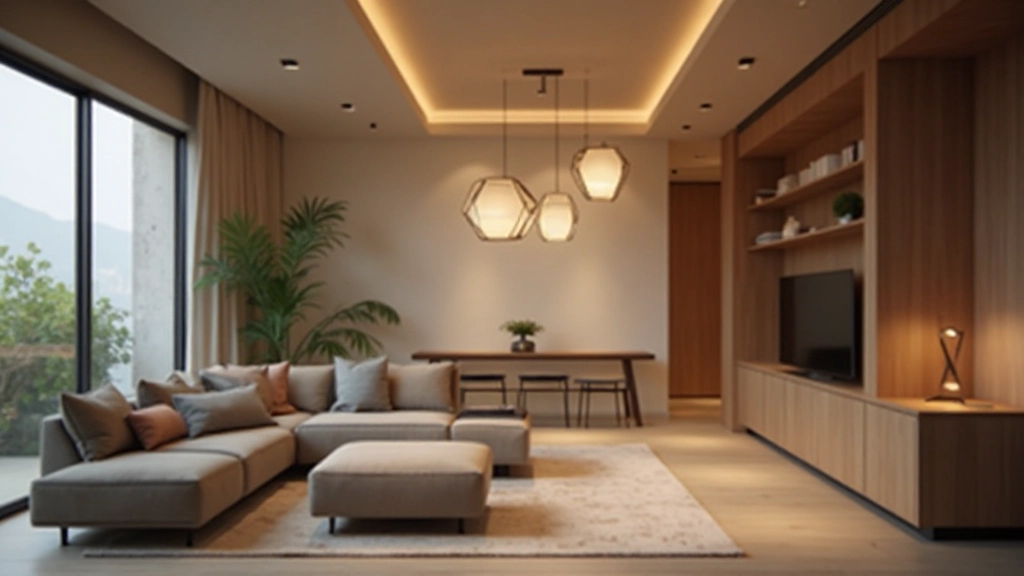 天井から吊り下げられた幾何学的なペンダント照明がオープンプラン空間を演出