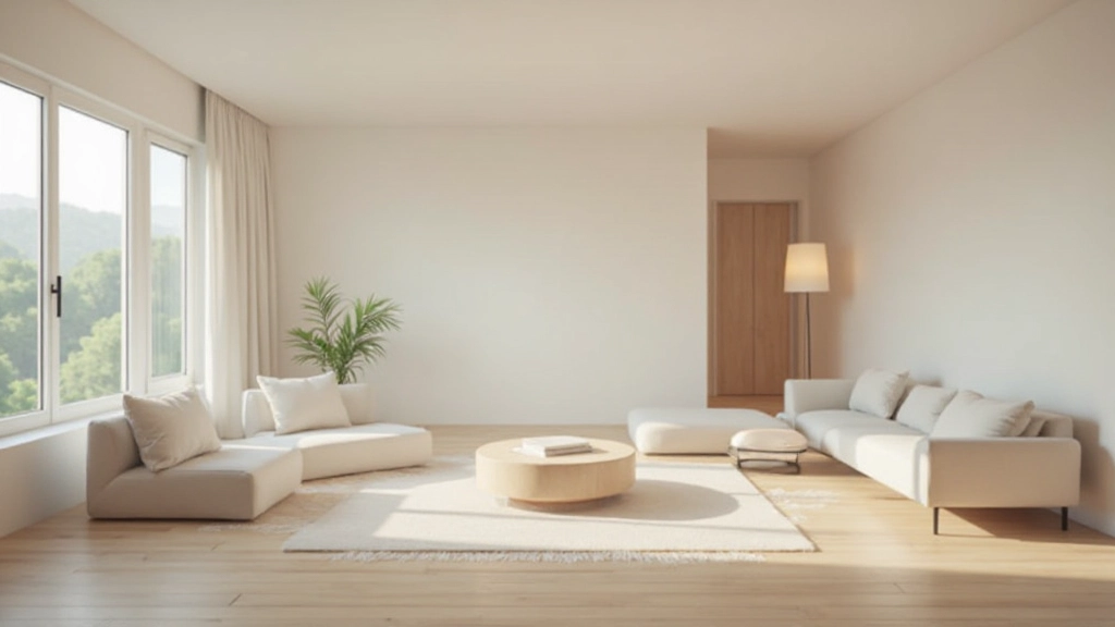 ベージュとグレーのニュートラルカラーパレットを使用したオープンプラン空間の全景