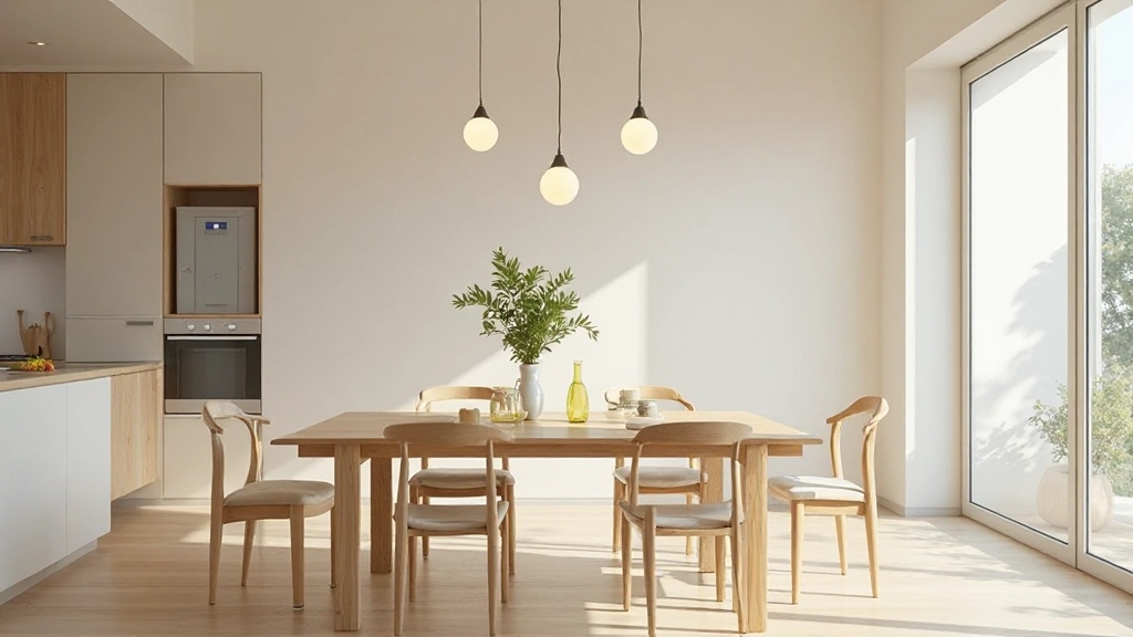 オープンプランのダイニングキッチンエリア、北欧風とジャパニーズモダンの融合、天然木のテーブル、シンプルな椅子、白い壁